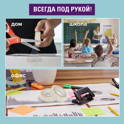 Клейкие ленты 12 мм х 33 м канцелярские BRAUBERG, КОМПЛЕКТ 4 шт., прозрачные,