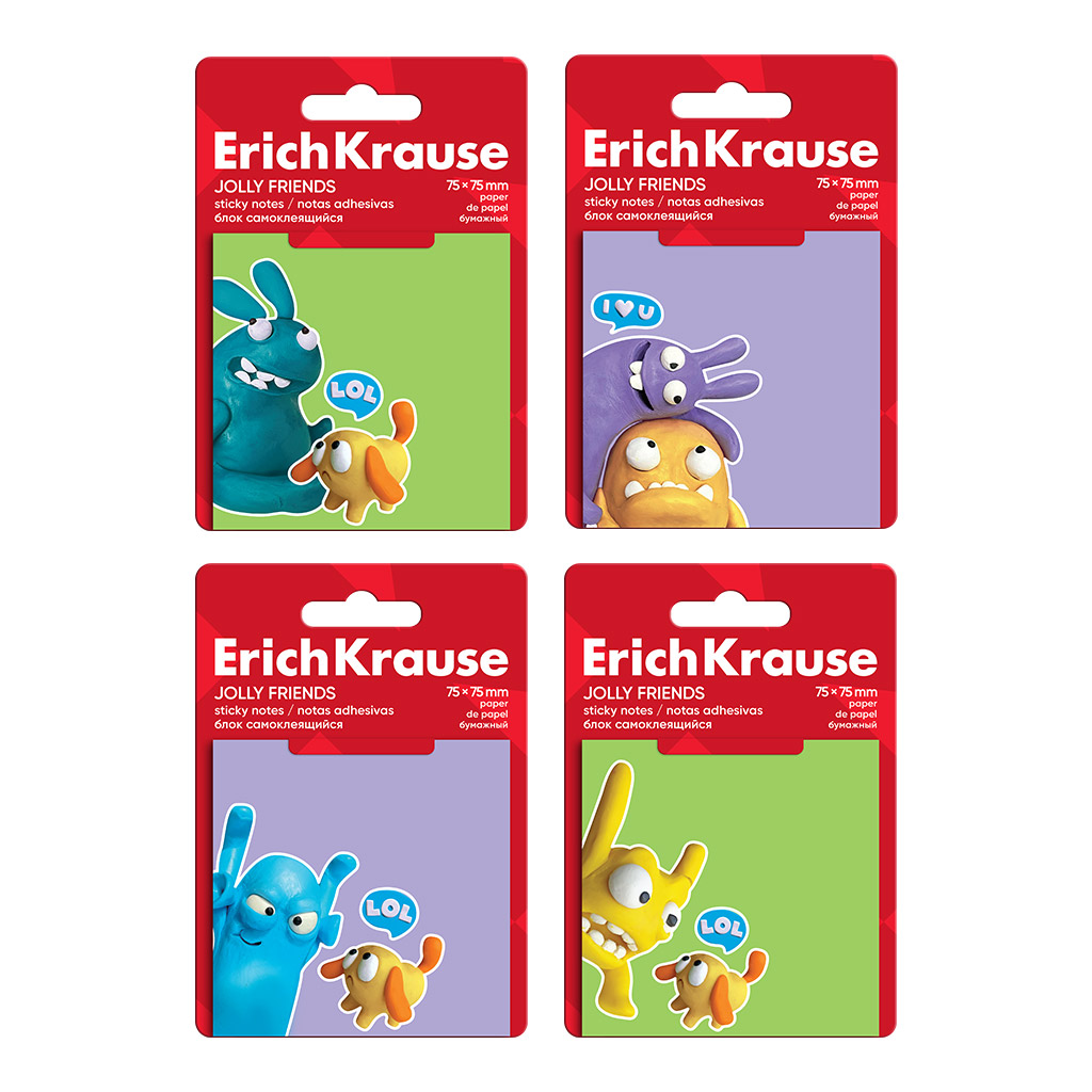 Блок самоклеящийся бумажный ErichKrause Jolly Friends, 75х75 мм, 50 листов, Блок самоклеящийся бумажный ErichKrause Jolly Friends, 75х75 мм, 50 листов,