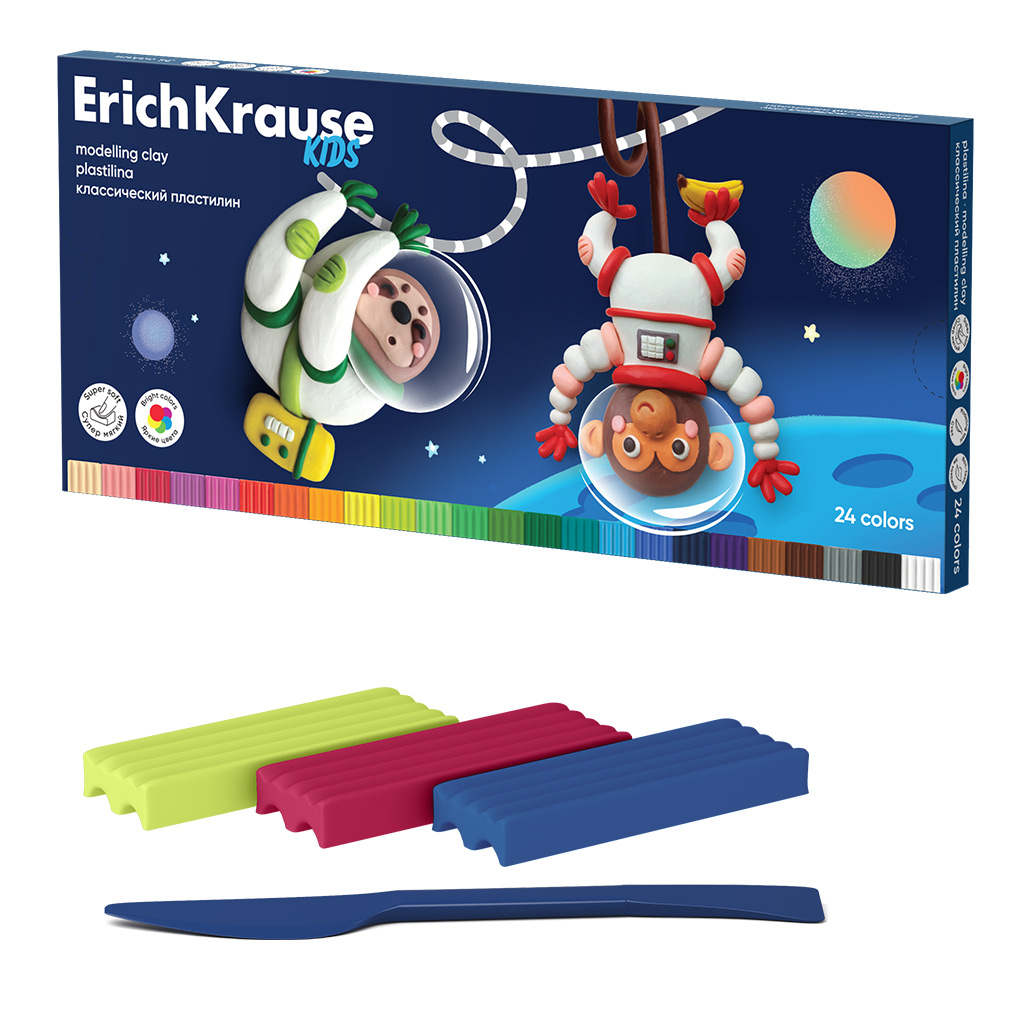 Пластилин классический Erich Krause Kids Space Animals 24 цвета со стеком, 432 Пластилин классический Erich Krause Kids Space Animals 24 цвета со стеком, 432