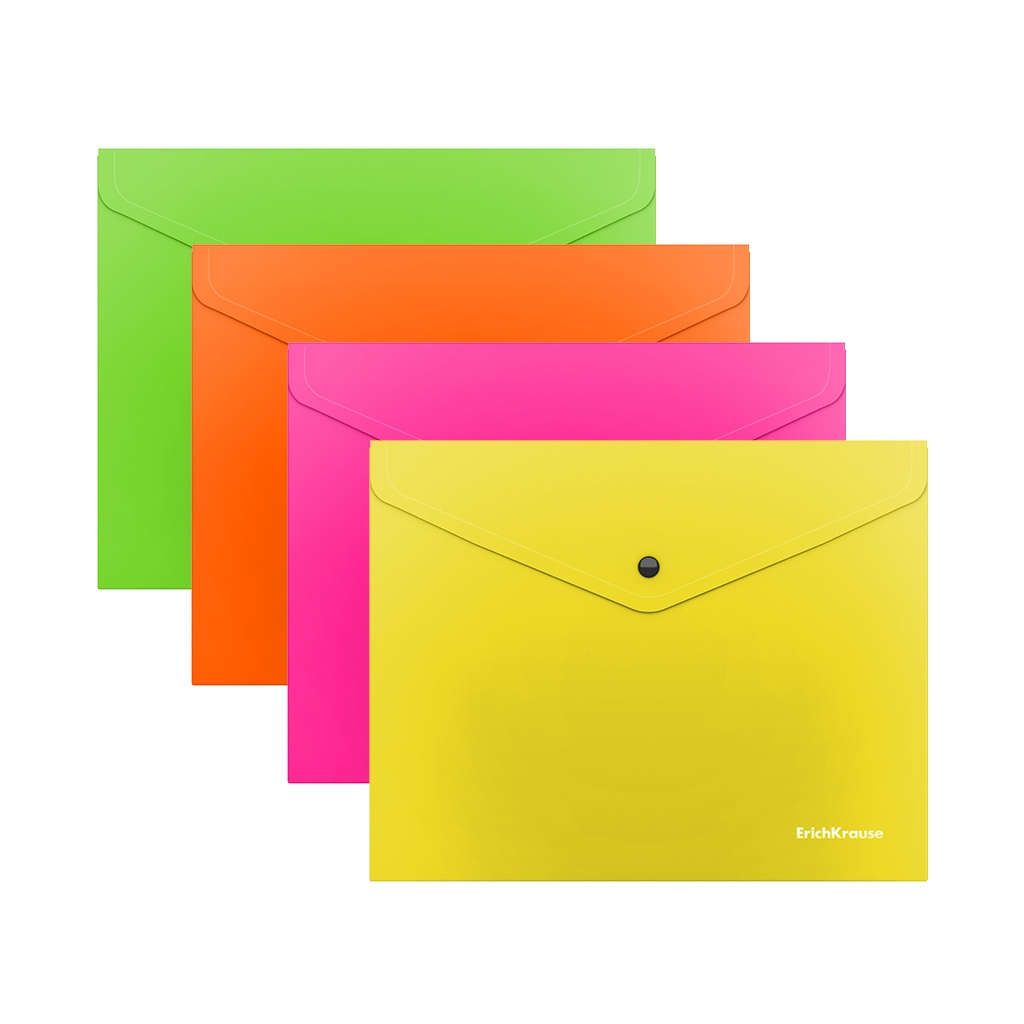 Папка-конверт на кнопке пластиковая Erich Krause Glossy Neon, полупрозрачная, Папка-конверт на кнопке пластиковая Erich Krause Glossy Neon, полупрозрачная,