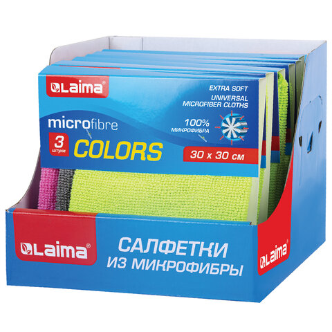Салфетки из МИКРОФИБРЫ универсальные, 30х30 см, КОМПЛЕКТ 3 шт., ассорти