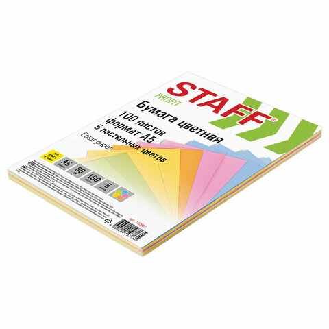 Бумага цветная STAFF COLOR МАЛОГО ФОРМАТА (148х210 мм), А5, 80 г/м2, 100 л. Бумага цветная STAFF COLOR МАЛОГО ФОРМАТА (148х210 мм), А5, 80 г/м2, 100 л.
