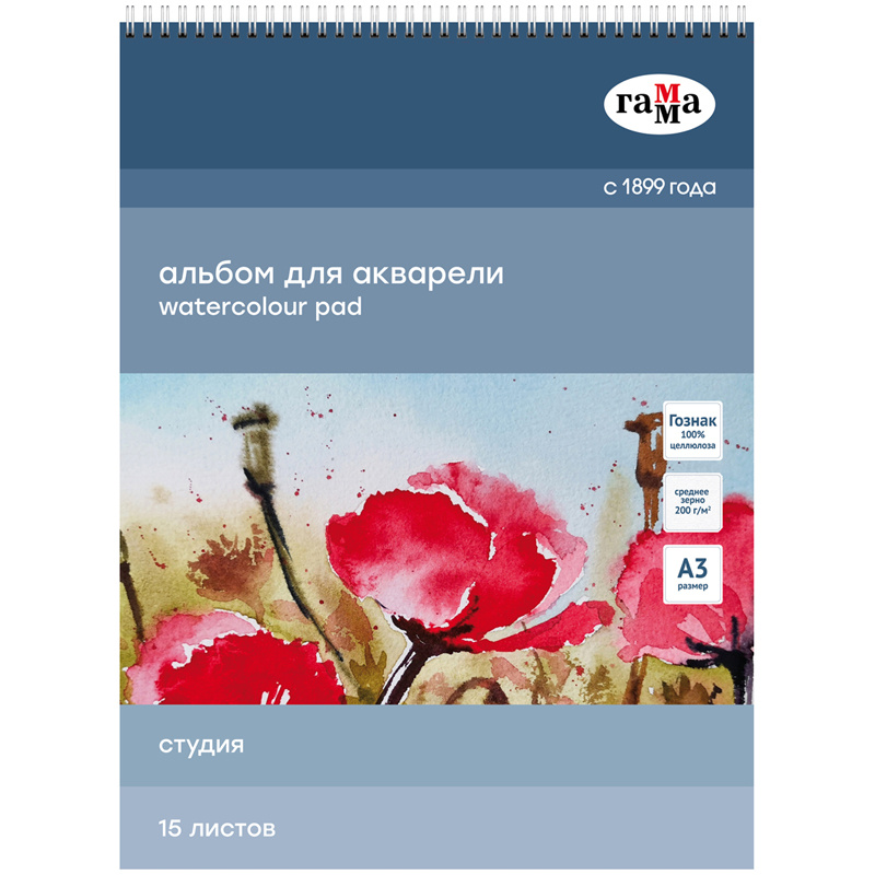 Альбом для акварели 15л., А3, на спирали Гамма "Студия", 200г/м2, Альбом для акварели 15л., А3, на спирали Гамма "Студия", 200г/м2,