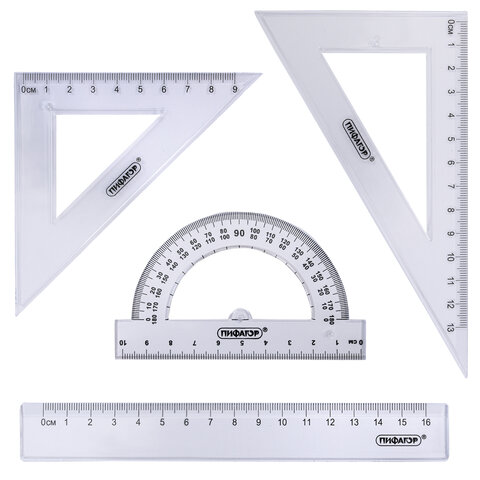 Набор чертежный ПИФАГОР (линейка 16 см, 2 треугольника, транспортир),