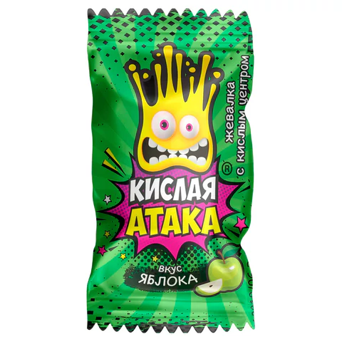 Конфета жевательная КИСЛАЯ АТАКА с кислым центром, ассорти 3 вкусов, 4,5 г, Конфета жевательная КИСЛАЯ АТАКА с кислым центром, ассорти 3 вкусов, 4,5 г,