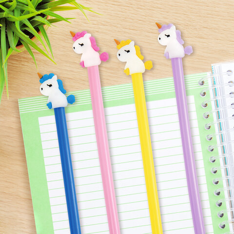 Ручка с топпером шариковая ЮНЛАНДИЯ "Единорог", корпус ассорти, СИНЯЯ,