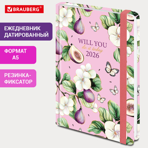 Ежедневник датированный 2026 с резинкой 145х203 мм, А5, BRAUBERG, твердый, Ежедневник датированный 2026 с резинкой 145х203 мм, А5, BRAUBERG, твердый,