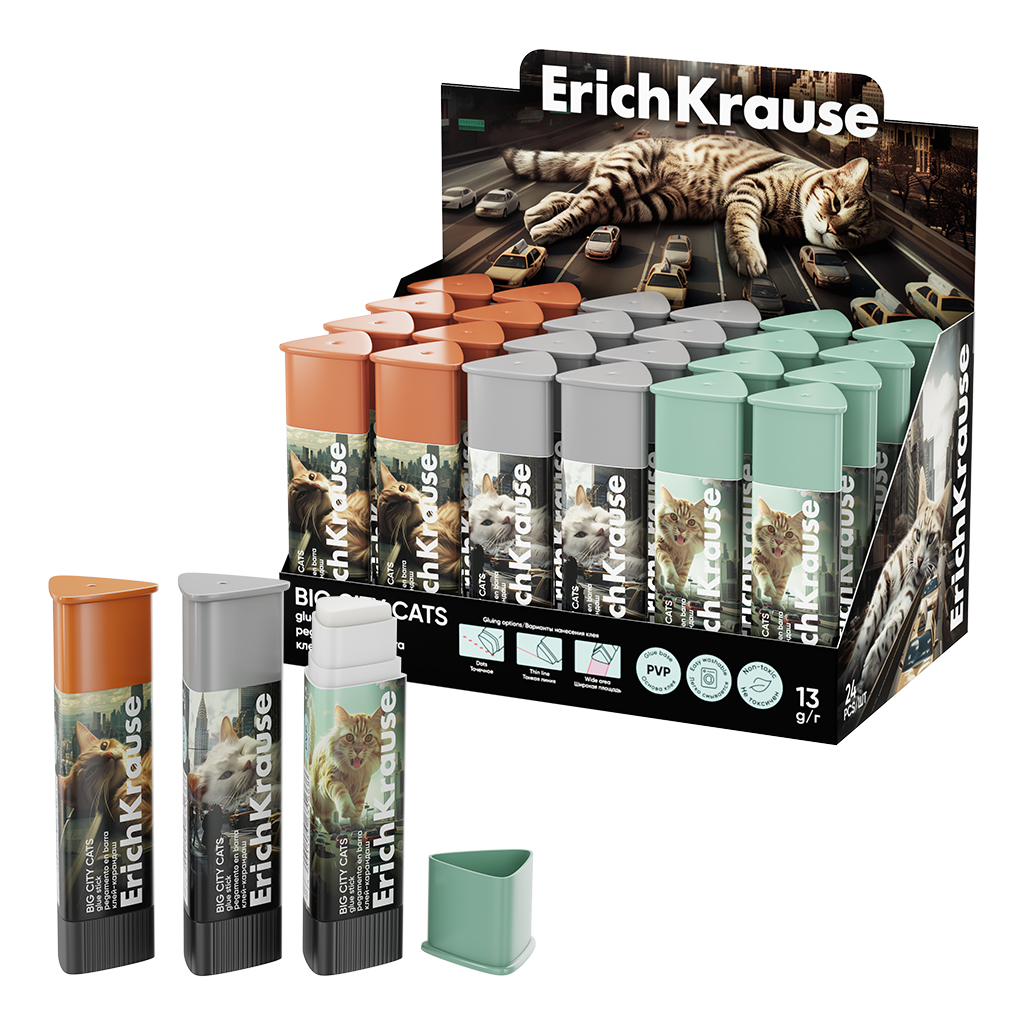 Клей-карандаш ErichKrause Prism Big City Cats, 13г, ассорти (в коробке-дисплее Клей-карандаш ErichKrause Prism Big City Cats, 13г, ассорти (в коробке-дисплее