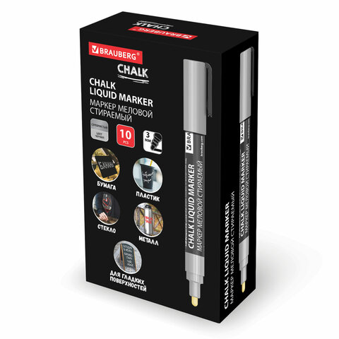 Маркер меловой CHALK LIQUID MARKER, СЕРЕБРИСТЫЙ, 3 мм, стираемый, BRAUBERG Маркер меловой CHALK LIQUID MARKER, СЕРЕБРИСТЫЙ, 3 мм, стираемый, BRAUBERG
