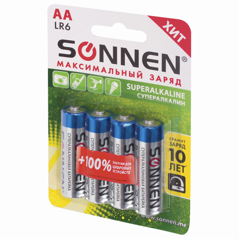 Батарейки КОМПЛЕКТ 4 шт., SONNEN Super Alkaline, АА (LR6,15А), алкалиновые,