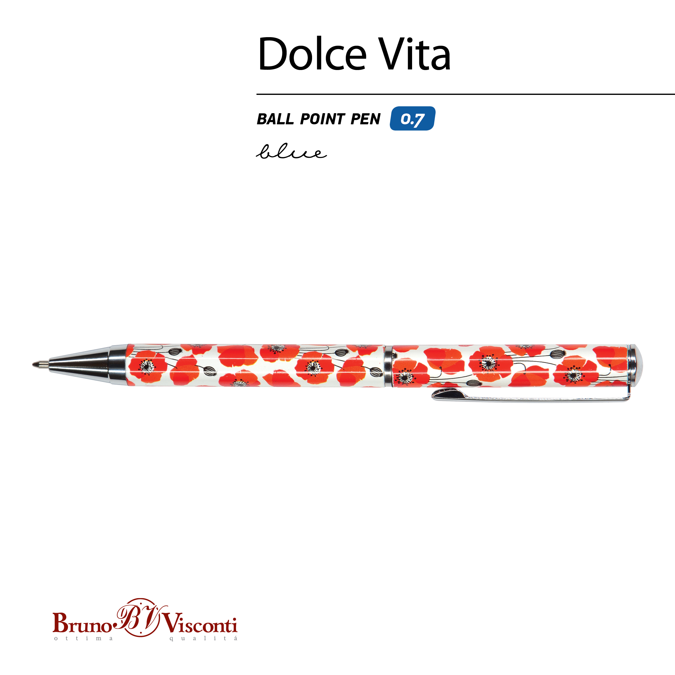 РУЧКА "DOLCE VITA. Маки" ШАРИКОВАЯ, МЕТАЛЛИЧЕСКИЙ КОРПУС, 0,7 ММ,