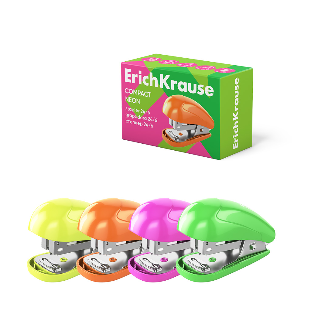 Мини-степлер №24/6, 26/6 ErichKrause Compact Neon до 20 листов, ассорти (в Мини-степлер №24/6, 26/6 ErichKrause Compact Neon до 20 листов, ассорти (в