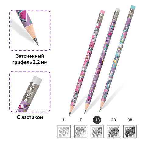 Карандаш чернографитный ЮНЛАНДИЯ "ЕДИНОРОГИ", 1 шт., HB, с ластиком,