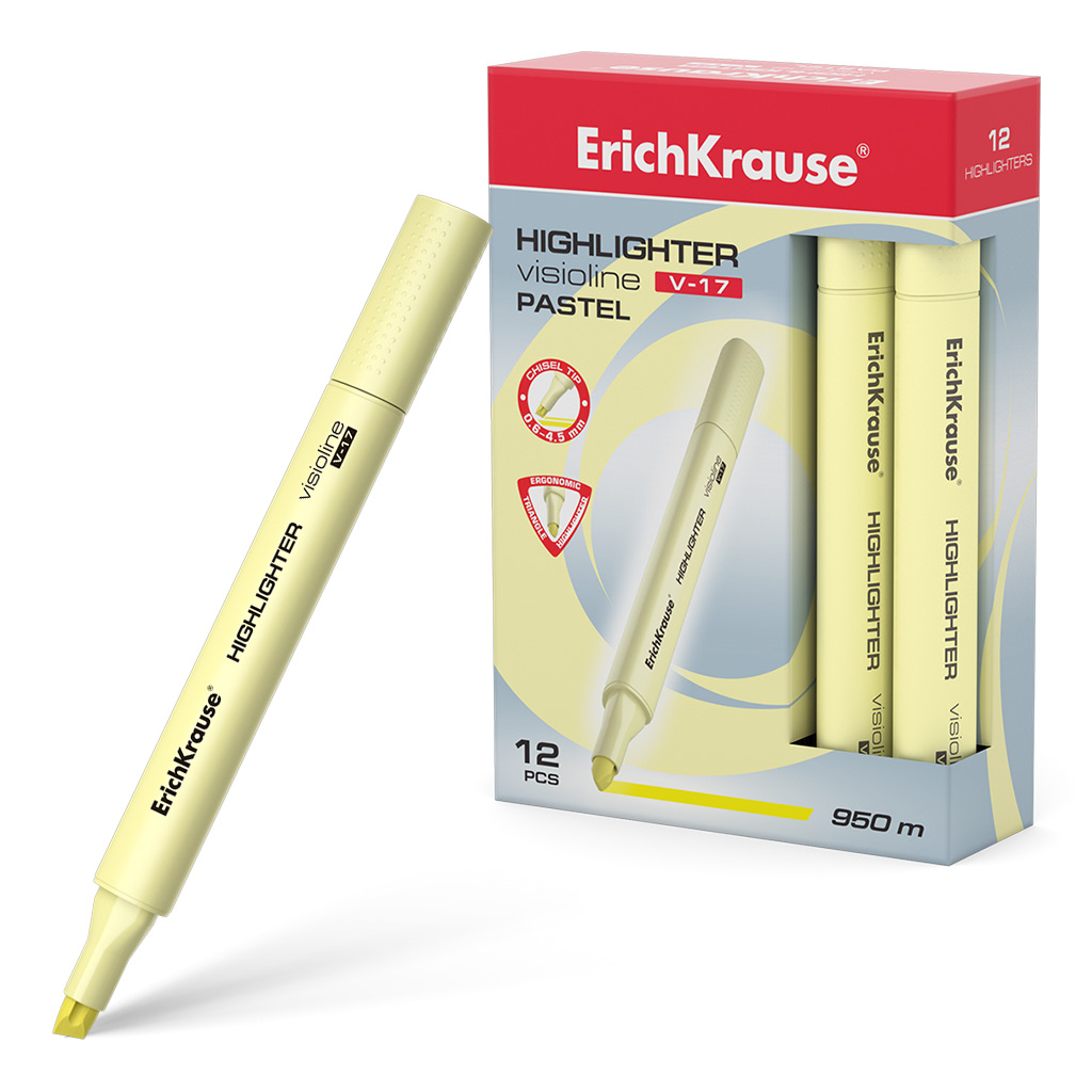 Текстмаркер ErichKrause® Visioline V-17 Pastel, цвет чернил желтый (в коробке по Текстмаркер ErichKrause® Visioline V-17 Pastel, цвет чернил желтый (в коробке по