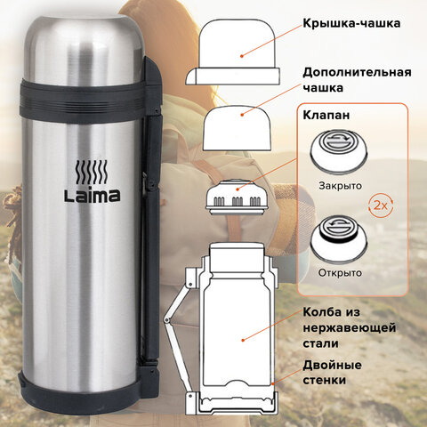 Термос ЛАЙМА классический с узким горлом, 1,8 л, нержавеющая сталь, пластиковая Термос ЛАЙМА классический с узким горлом, 1,8 л, нержавеющая сталь, пластиковая