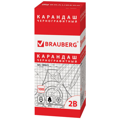 Карандаш чернографитный BRAUBERG, 1 шт., "Touch line", 2В, без
