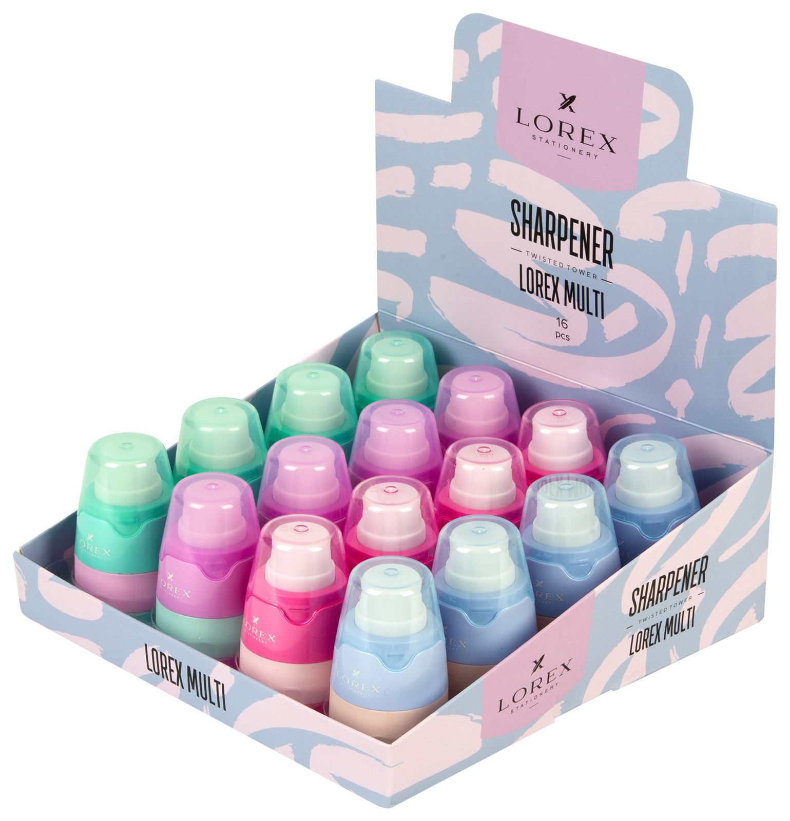 Точилка LOREX TWISTED TOWER с контейнером и ластиком ассорти, корпус пластик 2 Точилка LOREX TWISTED TOWER с контейнером и ластиком ассорти, корпус пластик 2
