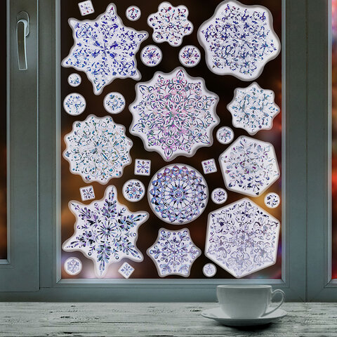 Наклейка для окон, 30х38 см, "Морозные снежинки", голография, серебро, Наклейка для окон, 30х38 см, "Морозные снежинки", голография, серебро,