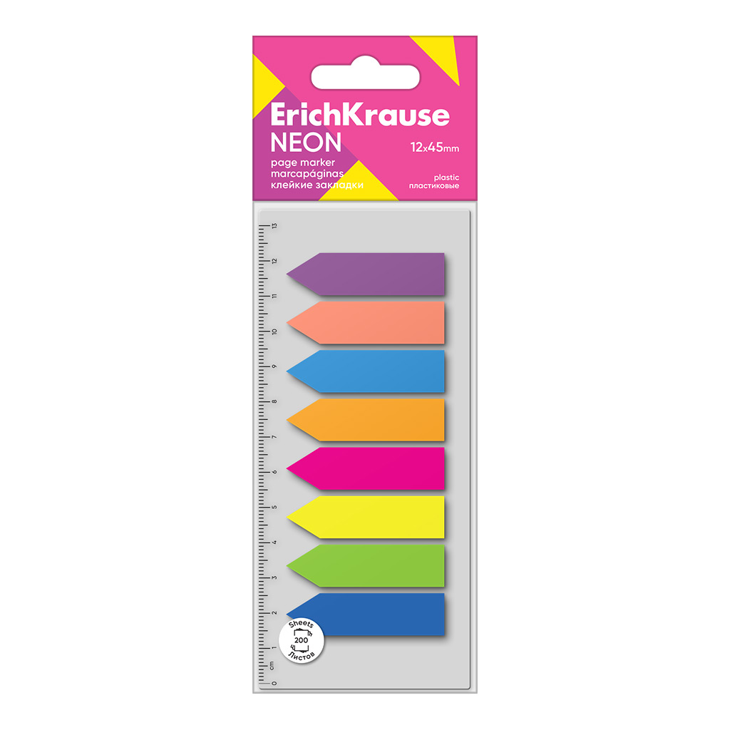 Клейкие закладки пластиковые Erich Krause Neon Arrows, 12х45 мм, 200 листов, 8 Клейкие закладки пластиковые Erich Krause Neon Arrows, 12х45 мм, 200 листов, 8