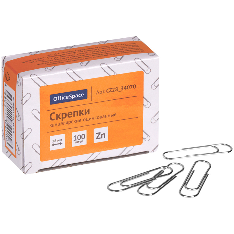 Скрепки 28мм, OfficeSpace, 100шт., оцинкованные, карт. упак. Скрепки 28мм, OfficeSpace, 100шт., оцинкованные, карт. упак.
