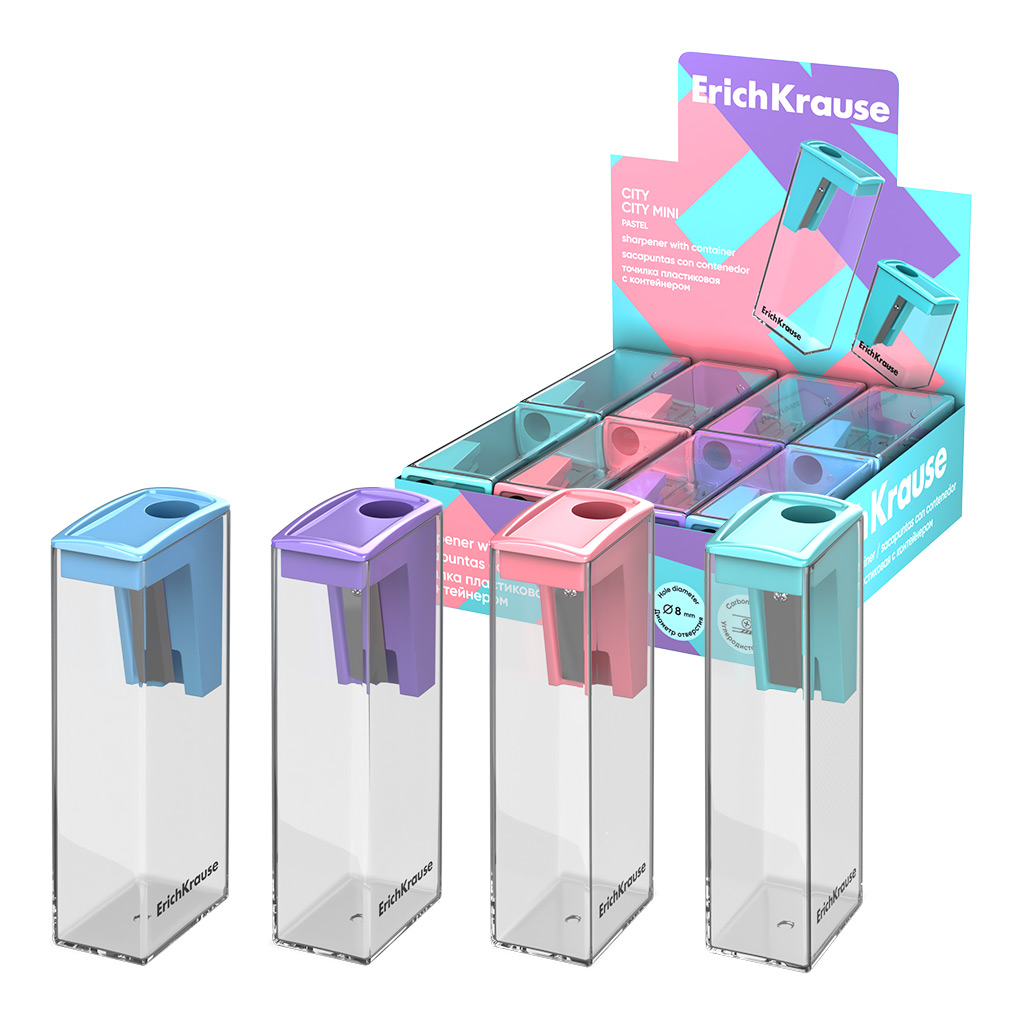 Точилка пластиковая Erich Krause City, Pastel, с контейнером, ассорти (в Точилка пластиковая Erich Krause City, Pastel, с контейнером, ассорти (в