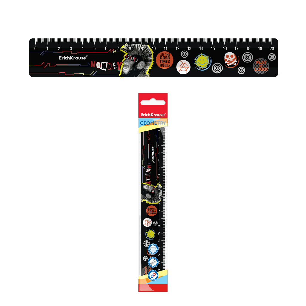Линейка пластиковая ErichKrause® Punky Monkey, 20см, во флоупаке Линейка пластиковая ErichKrause® Punky Monkey, 20см, во флоупаке