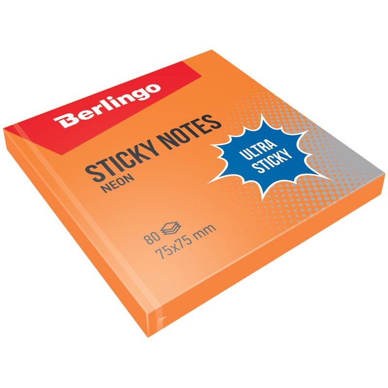 Самоклеящийся блок Berlingo "Ultra Sticky", 75*75мм, 80л, оранжевый Самоклеящийся блок Berlingo "Ultra Sticky", 75*75мм, 80л, оранжевый
