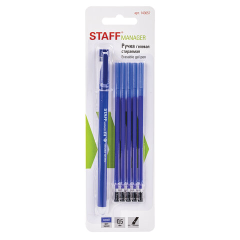 Ручка стираемая гелевая STAFF ERASE, СИНЯЯ, + 5 сменных стержней, узел 0,5 мм, Ручка стираемая гелевая STAFF ERASE, СИНЯЯ, + 5 сменных стержней, узел 0,5 мм,
