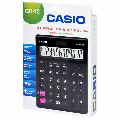 Калькулятор настольный CASIO GR-12-W (209х155 мм), 12 разрядов, двойное питание, Калькулятор настольный CASIO GR-12-W (209х155 мм), 12 разрядов, двойное питание,