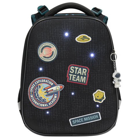 Ранец BRAUBERG PREMIUM, 2 отделения, с брелком, "Space mission", LED