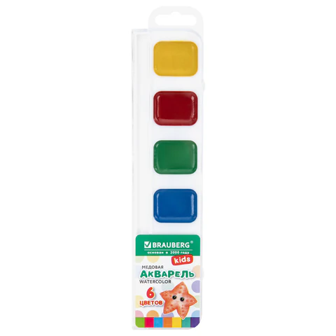Краски акварельные BRAUBERG KIDS NEW, медовые, 6 цветов, квадратные кюветы, Краски акварельные BRAUBERG KIDS NEW, медовые, 6 цветов, квадратные кюветы,