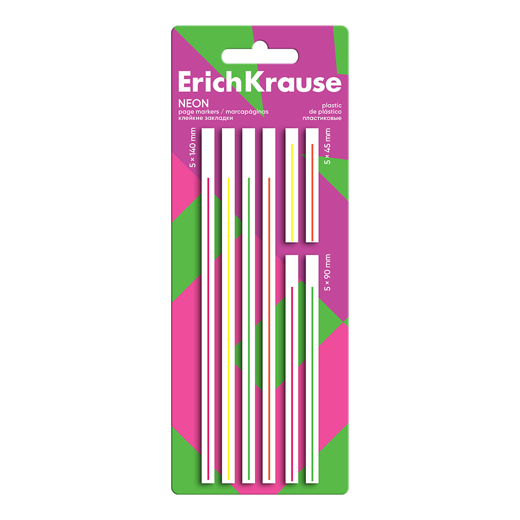 Клейкие закладки пластиковые ErichKrause Neon, 5x140 мм, 5x45 мм, 5x90 мм, 160 Клейкие закладки пластиковые ErichKrause Neon, 5x140 мм, 5x45 мм, 5x90 мм, 160