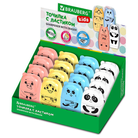 Точилка с ластиком 2 в 1 BRAUBERG KIDS "Зверушки", 2 отверстия, дизайн Точилка с ластиком 2 в 1 BRAUBERG KIDS "Зверушки", 2 отверстия, дизайн