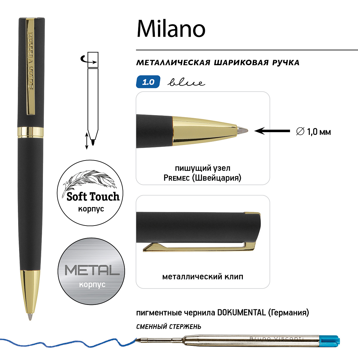РУЧКА "MILANO" В ПОДАРОЧНОМ ФУТЛЯРЕ, 1.0 ММ, СИНЯЯ (корпус черный и