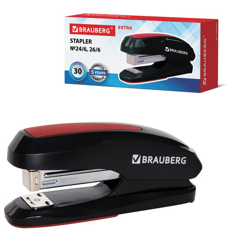 Степлер №24/6, 26/6 BRAUBERG "Extra", до 30 листов, черно-красный, Степлер №24/6, 26/6 BRAUBERG "Extra", до 30 листов, черно-красный,