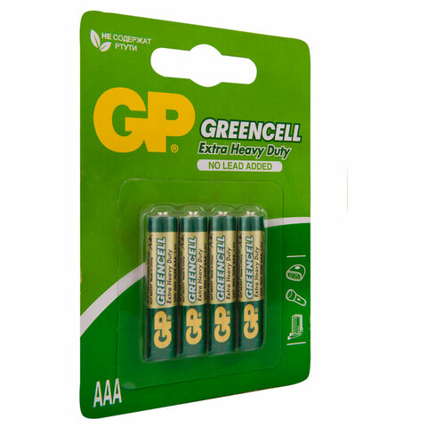 Батарейки КОМПЛЕКТ 4 шт., GP GreenCell AAA (R03, 24G), солевые, мизинчиковые,