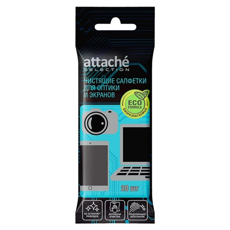 Салфетки Attache Selection д/оптики и экранов, биоразлагаемые, 20 шт Салфетки Attache Selection д/оптики и экранов, биоразлагаемые, 20 шт