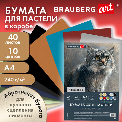 Бумага для пастели АБРАЗИВНАЯ А4 в коробке, 40 листов, 10 цветов, 240 г/м2,
