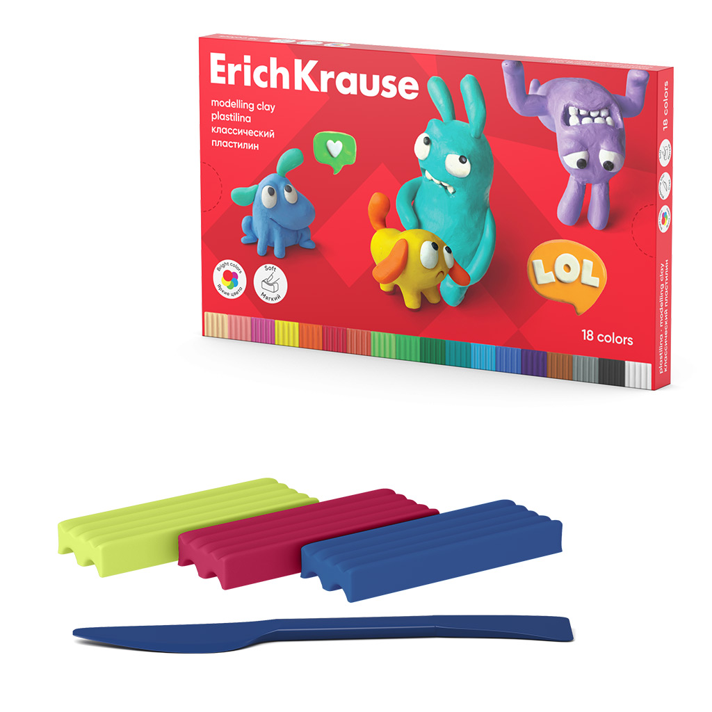 Пластилин классический Erich Krause Jolly Friends 18 цветов со стеком, 324 г. (в Пластилин классический Erich Krause Jolly Friends 18 цветов со стеком, 324 г. (в