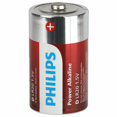 Батарейки алкалиновые КОМПЛЕКТ 2 шт., PHILIPS Power Alkaline, D (LR20, 13А),