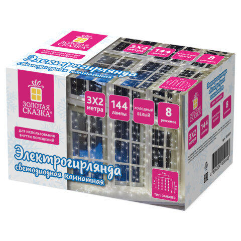Электрогирлянда-занавес комнатная "Штора" 3х2 м, 144 LED, холодный Электрогирлянда-занавес комнатная "Штора" 3х2 м, 144 LED, холодный