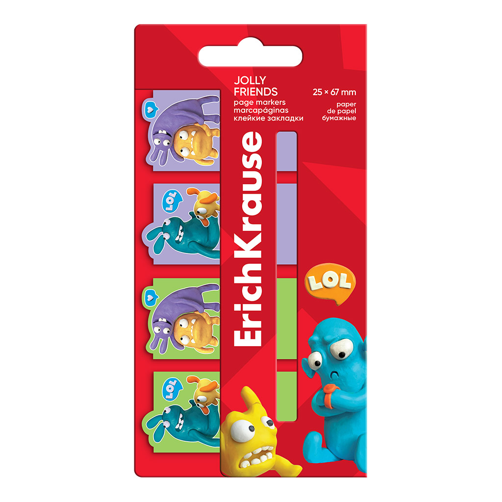 Клейкие закладки бумажные ErichKrause Jolly Friends, 25X67 мм, 80 листов Клейкие закладки бумажные ErichKrause Jolly Friends, 25X67 мм, 80 листов