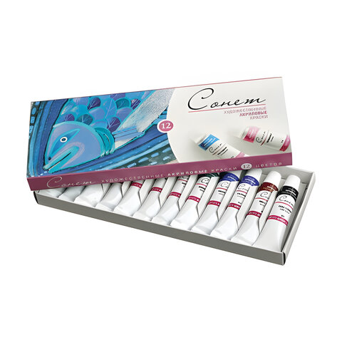 Краски акриловые художественные "Сонет", НАБОР 12 цветов по 10 мл, в Краски акриловые художественные "Сонет", НАБОР 12 цветов по 10 мл, в