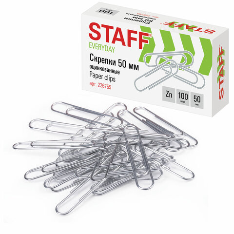 Скрепки STAFF, 50 мм, оцинкованные, 100 шт., в картонной коробке, Россия, 226755