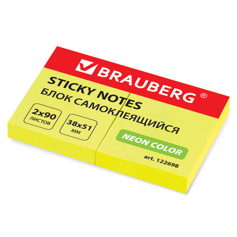 Блок самоклеящийся (стикер), BRAUBERG, НЕОНОВЫЙ, 38х51 мм, 2х90 л., желтый, Блок самоклеящийся (стикер), BRAUBERG, НЕОНОВЫЙ, 38х51 мм, 2х90 л., желтый,