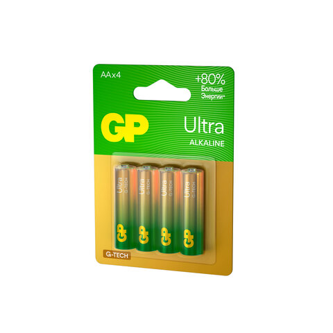Батарейки КОМПЛЕКТ 4 шт., GP Ultra G-Tech, AA (LR6, 15А), алкалиновые,