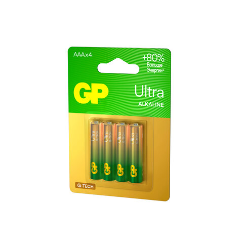 Батарейки КОМПЛЕКТ 4 шт., GP Ultra G-Tech, AAA (LR03, 24А), алкалиновые,