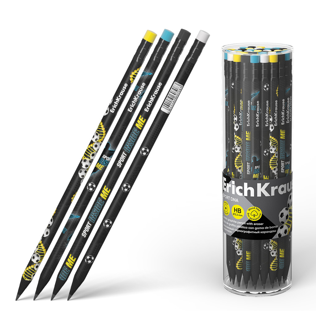 Чернографитный карандаш пластиковый Erich Krause Sport DNA, круглый, с ластиком, Чернографитный карандаш пластиковый Erich Krause Sport DNA, круглый, с ластиком,