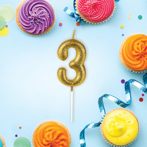 Свеча-цифра для торта "3" золотая с глиттером, 6 см, ЗОЛОТАЯ СКАЗКА, Свеча-цифра для торта "3" золотая с глиттером, 6 см, ЗОЛОТАЯ СКАЗКА,