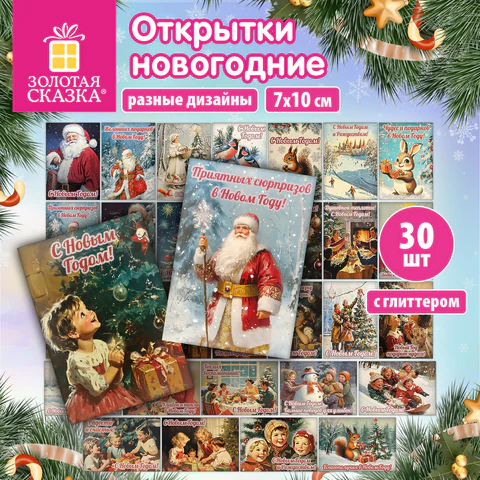 Открытки новогодние, НАБОР 30 ДИЗАЙНОВ в стиле РЕТРО, 7х10 см, глиттер, ЗОЛОТАЯ Открытки новогодние, НАБОР 30 ДИЗАЙНОВ в стиле РЕТРО, 7х10 см, глиттер, ЗОЛОТАЯ